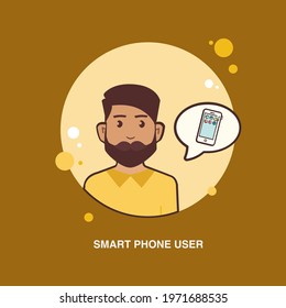 Smart phone user with beard guy using phone flat concept design