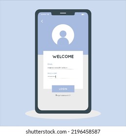Smartphone mit dem Benutzer Login-Formular Seite und Anmelden-Schaltfläche. Benutzername und Passwort-Feld. Mitglied-Profil-Anmeldung, mobile Anwendung flach Design Konzept. Flache Benutzeroberfläche für Anwendungen. Vektorgrafik