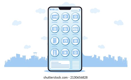 Smart phone and  Using the application.with icon.Transfer money.Pay.add money.with Background Thailand Landmarks.