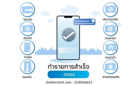 Smart phone and  Using the application.with Thai alphabet text. Successful transaction.O.K.translate English.