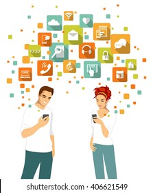 Smart phone using concept with people and apps icons. Young man and woman couple standing together and using modern mobile smart phone 