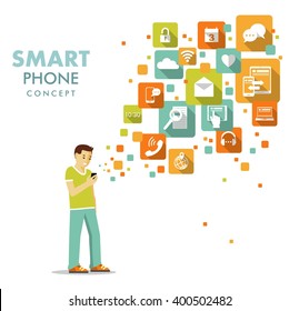 Smart phone using concept. Young man standing with modern mobile smart phone and apps icons 