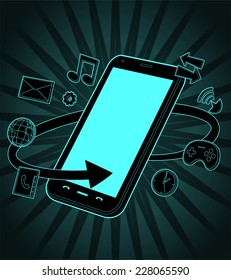 Smart phone vector illustration surrounded by a number of icons related to the functions and apps included in any smart phone, such as games, agenda, email,music, wifi, 
