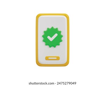 Smart phone with verified icon 3d render concept of accept, approve, agree on application icon