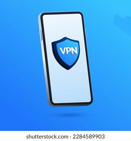 Aplicación VPN para teléfono inteligente. Concepto de ciberseguridad. El escudo azul simboliza la seguridad, la protección y los ataques cibernéticos, los virus y el acceso no autorizado. Proteja sus datos móviles