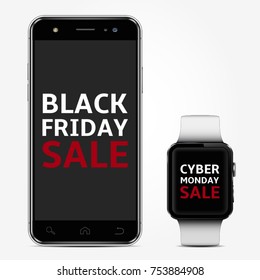 Smart phone and smart watch with black friday and cyber monday sale text