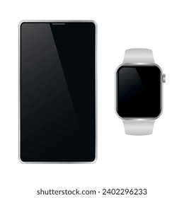 Smart Phone and Smart Watch with blank screen for your own design on transparent white background, vector illustration.
