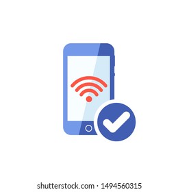 Smart phone and Wi Fi technology icon with check sign, approved, confirm, done, tick, completed symbol