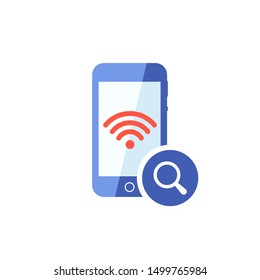 Smart phone and Wi Fi technology icon with research sign, explore, find, inspect symbol