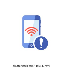 Smart phone and Wi Fi technology icon with exclamation mark, alert, error, alarm, danger symbol