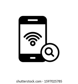 Smart phone and Wi Fi technology icon with research sign in black flat on white background, explore, find, inspect symbol