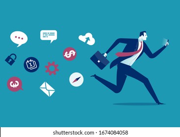 Smart phone work stress. The manager runs away from the icons and checks his phone. Business vector illustration