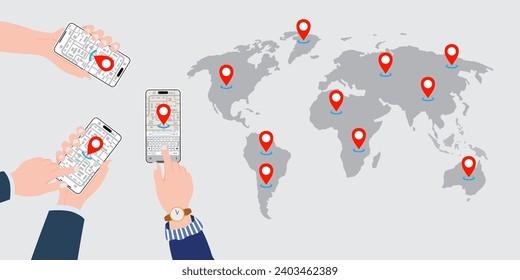 Smart phone with World Map GPS navigation in hand. Hand holding mobile and finger pressing mobile screen and red pinpoint on location app. Vector illustration for navigation on roads of city. Vector.