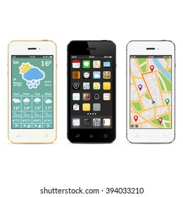 Smart phones with app icons, weather and navigation widgets