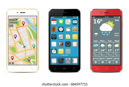 Smart phones with apps icons, weather and GPS navigation widgets