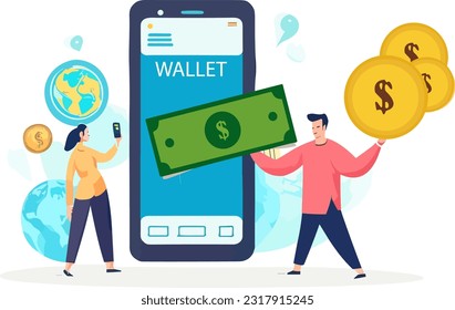 smart phones with banking payment apps. Send and receive money wireless with mobile phones. online wallet mobile app for fast exchange or send payments. Vector illustration.