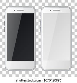 Smart phones with black and blank screens isolated on transparent background. Vector illustration.