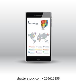 Smart phones with black touch screen isolated on info graphics background.