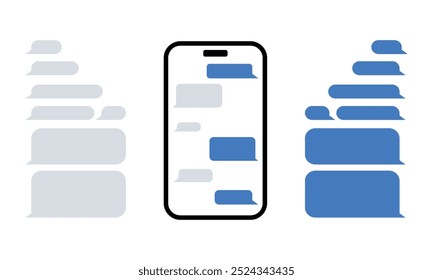 Smart phones em branco conversando SMS modelo bolhas. app. Conversando no smartphone. Envie ou receba somas no aplicativo. telefone e fala borbulha cor azul em estilo plano. Conceito de design de mídia social.