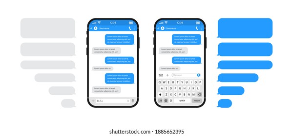 Smart phones chatting sms template bubbles. Chat templates, message, phone with keyboard and speech bubbles blue colour in flat style. Social media design concept. Vector illustration