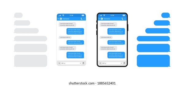 Teléfonos inteligentes conversando sobre burbujas de plantillas de sms. Plantillas de chat, mensajes, teléfonos y voz burbuja el color azul en estilo plano. Concepto de diseño de medios sociales. Burbujas de plantillas de Sms para componer diálogos.