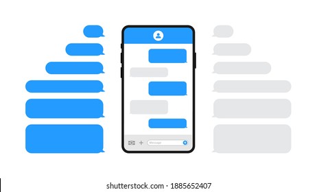 Smart phones chatting sms template bubbles. Chat templates, message, phone and speech bubbles blue colour in flat style. Social media design concept. Vector illustration