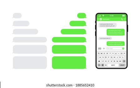 Smart phones chatting sms template bubbles. Chat templates, message, phone with keyboard and speech bubbles green colour in flat style. Social media design concept. Vector illustration