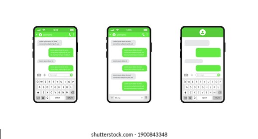 Smart phones chatting sms template bubbles. Chat templates, message, phones and speech bubbles green colour in flat style. Social media design concept. Sms template bubbles for compose dialogues. 