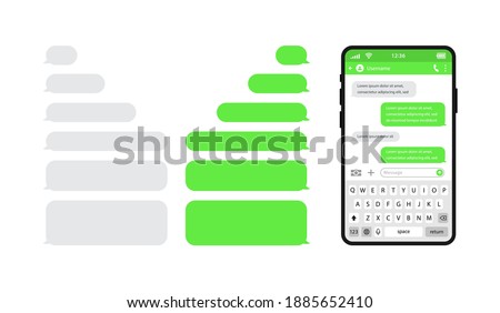 Smart phones chatting sms template bubbles. Chat templates, message, phone with keyboard and speech bubbles green colour in flat style. Social media design concept. Vector illustration