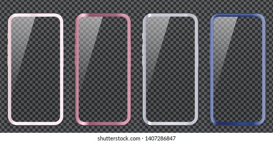Smart phones with empty screens, realistic pink, dark pink, blue, dark blue mobile templates isolated on transparent background. vector illustration. 
