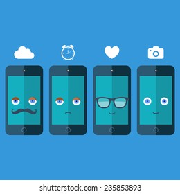Smart phones with sunglasses, eyes, mustache and smile on blue background. Design color vector illustration.