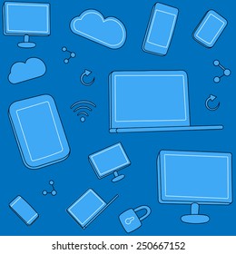 Smart phones, tablets, laptops, displays and symbols of cloud server, social connection, wireless network and security lock. In blue, dark, black, white
