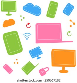 Smart phones, tablets, laptops, displays and symbols of cloud server, social connection, wireless network and security lock. In green, blue, orange, pink, white