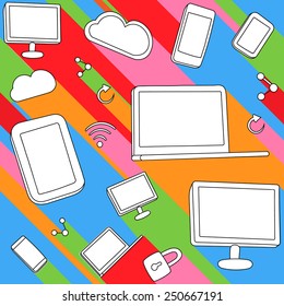 Smart phones, tablets, laptops, displays and symbols of cloud server, social connection, wireless network and security lock. In red, green, blue, orange, pink, black, white 