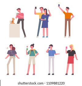 Smart phones used in various fields of daily life. flat design style vector graphic illustration set