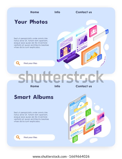 Smart photo album online.\
Upload photos to cloud storage. Isometric picture gallery. Vector\
web site design template. Landing page website concept\
illustration