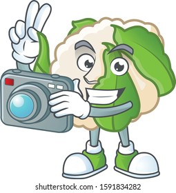 Smart Photographer cauliflower cartoon mascot with a camera