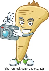 Smart Photographer parsnip cartoon mascot with a camera