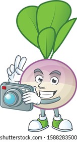 Smart Photographer turnip cartoon mascot with a camera