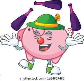 Smart piggy bank cartoon character design playing Juggling