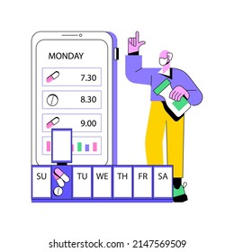 Smart pill boxes abstract concept vector illustration. App controlled medication tool, drug reminder device, set disease medication schedule, monitoring system smart technology abstract metaphor.