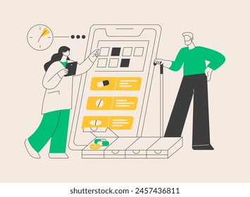 Smart pill boxes abstract concept vector illustration. App controlled medication tool, drug reminder device, set disease medication schedule, monitoring system smart technology abstract metaphor.