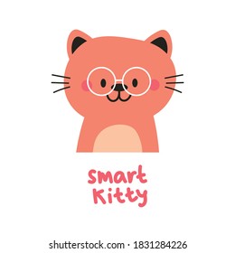Smart pink cat with glasses smile cutely. card for kids, wallpaper, simple vector
