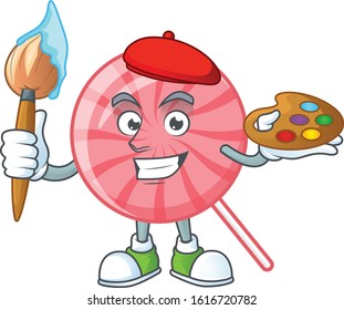 Smart pink round lollipop painter mascot icon with brush