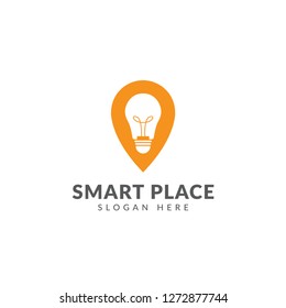 Smart place logo vector design template with pin map and light bulb
