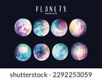 smart planet set on isolated black background, planets watercolor illustration