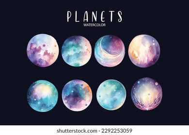 smart planet set on isolated black background, planets watercolor illustration