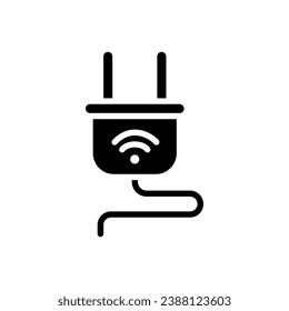 Smart plug black glyph icon. Home appliance. Automated device. Internet of things. Remote control with smartphone. Silhouette symbol on white space. Solid pictogram. Vector isolated illustration