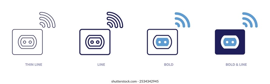 Icono de enchufe inteligente en 4 estilos diferentes. Línea delgada, línea, negrita y línea negrita. Estilo duotono. Trazo editable.