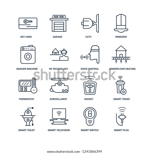 smart Plug, Switch, Television, Toilet, trash, Key\
card, Washer machine, Thermostat, Voice control outline vector\
icons from 16 set